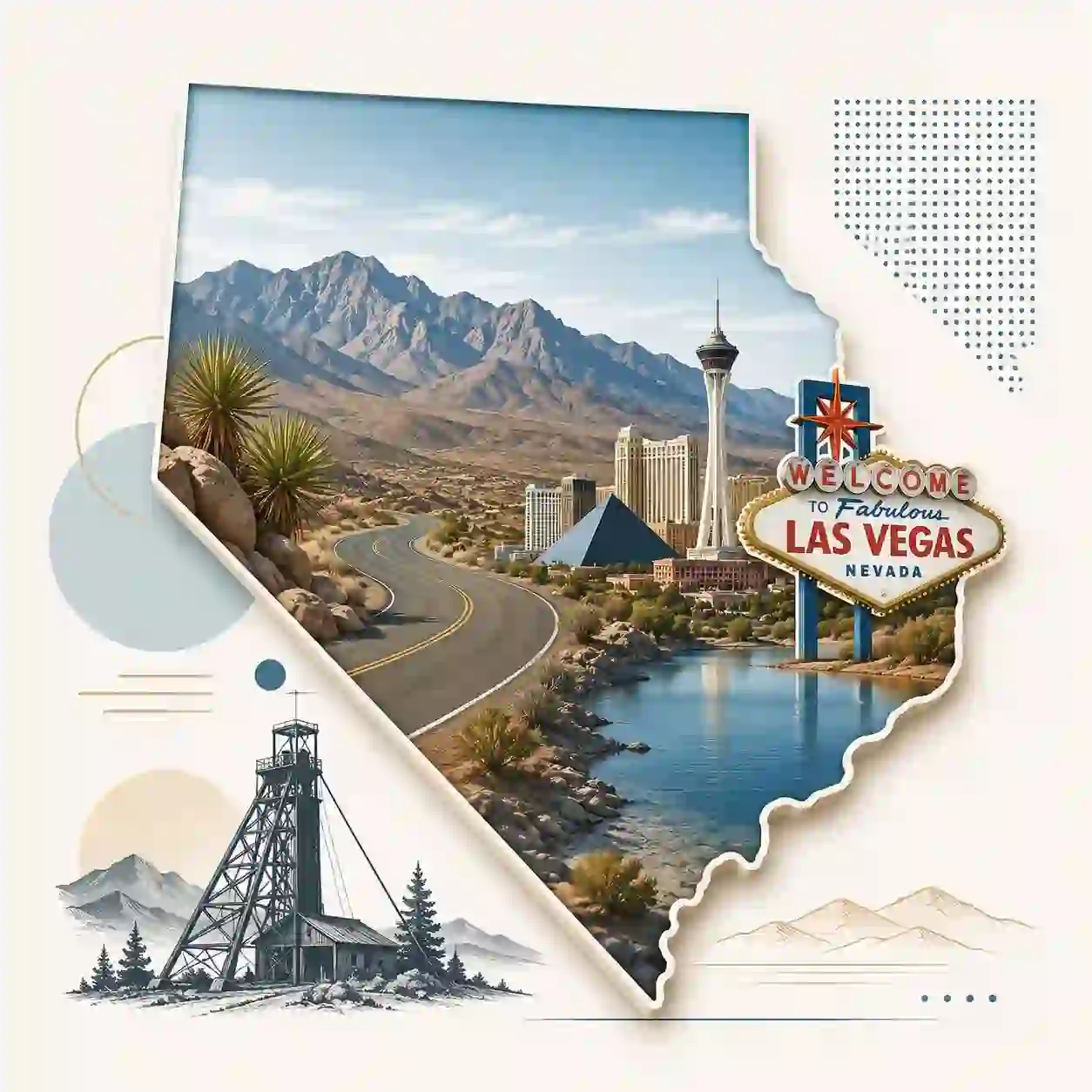 Nevada state map with icons for mobile, office, remote team and call center connected to a central phone pin